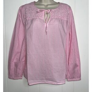 NEW J.Crew Women's Tie Front Smocked Popover Top Size M Cotton Stripe Pink White